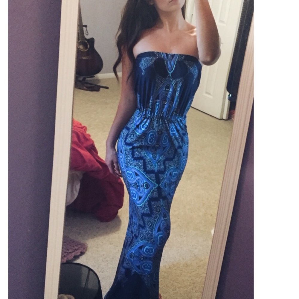Strapless blue maxi dress